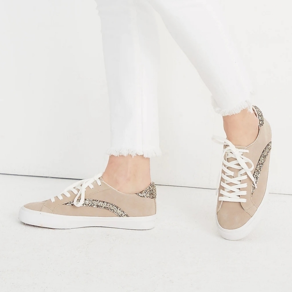 Madewell Sidewalk Low-Top Sneakers in Glitter Tan Suede Neutral Women's size 7